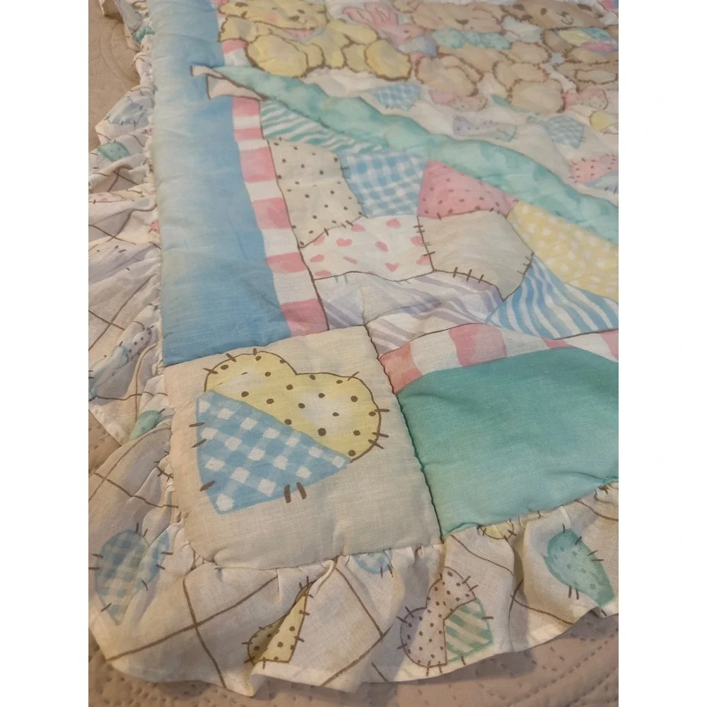 Vintage Teddy Bear Bunny Baby Comforter Pastel Patchwork Ruffle Quilt 33x42